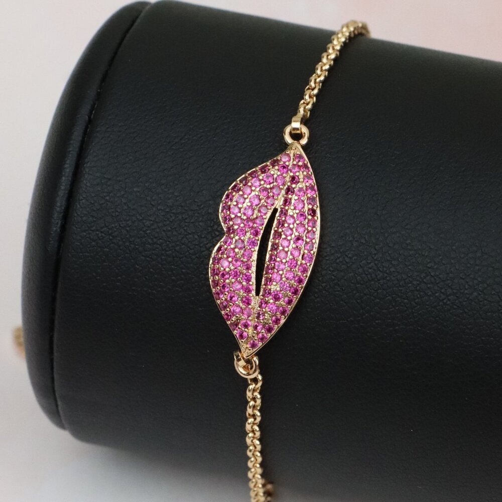 Rose Gold Lips Design Bracelet with Pink Stones, Adjustable, XPAB0615